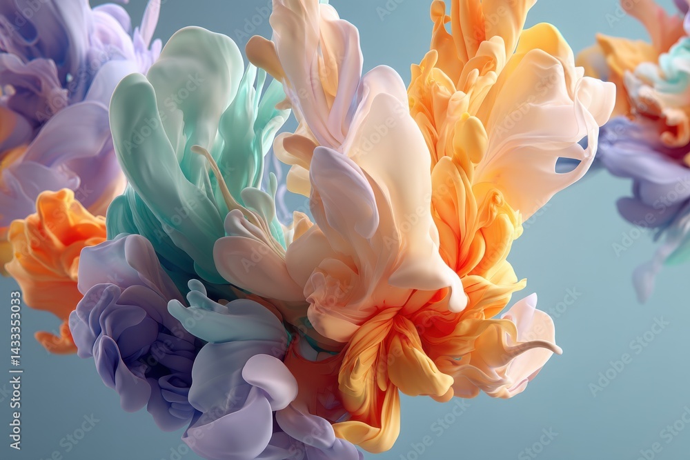 Poster abstract flowing silk background with vibrant and soft color gradients of lavender, orange, beige, a
