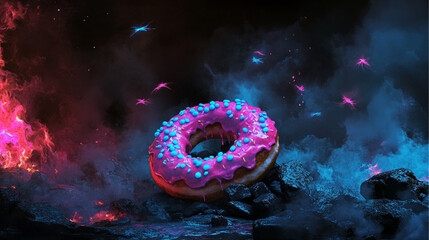 Obraz premium large pink donut sprinkled with blue candies on the pile of stones, dark background, stones on the floor, stone rock,neon blue glow, neon pink glow, blue and pink lights, smoke, flying fireflies