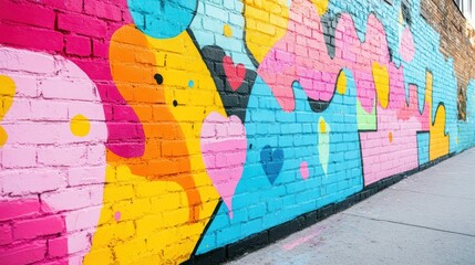 Obraz premium Mural presents colorful graffiti art on brick wall, displaying abstract shapes, hearts with a cheerful vibe.