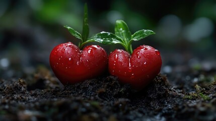 Two heart-shaped red sprouts with green leaves emerging from dark soil, covered in water droplets, symbolizing growth and love in nature.