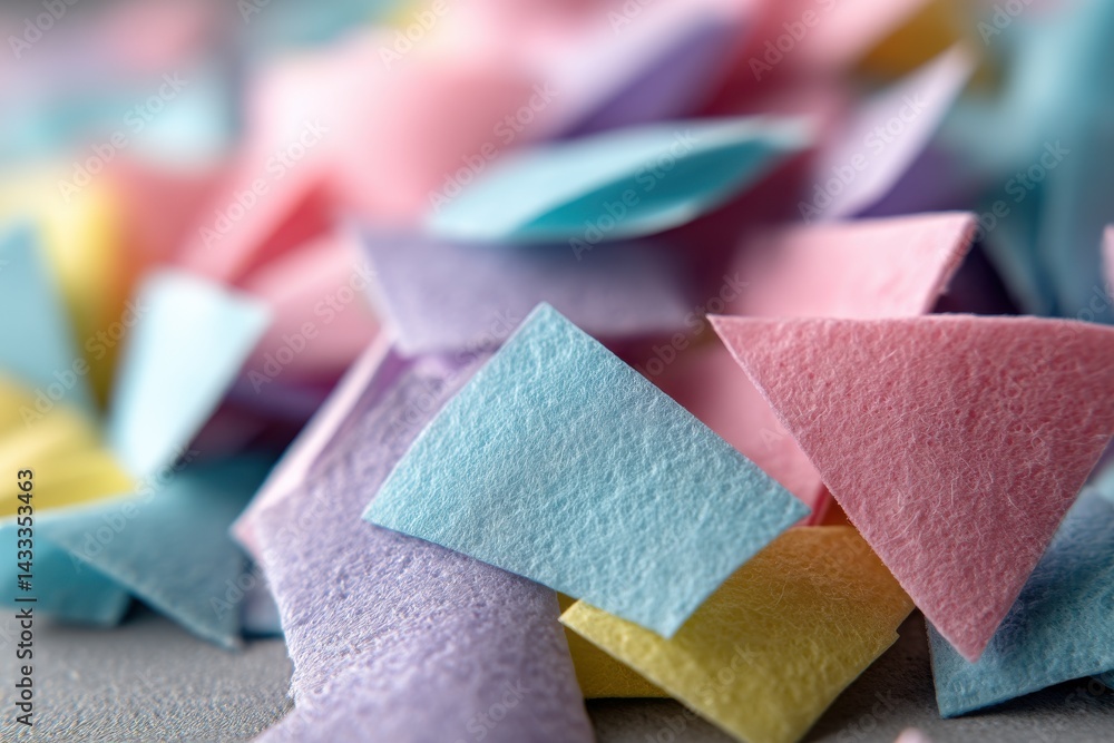 Poster close-up shot of a pile of small, colorful felt triangles scattered on a gray surface, creating a te