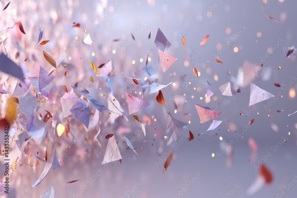 Poster a dynamic abstract of geometric paper shapes and bokeh lights creating a festive and modern backgrou
