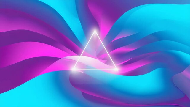 Glowing White Triangle in Center with Vibrant Abstract Background of Swirling Blue and Pink Patterns, Illuminated Geometric Shape, Futuristic Digital Art, Dynamic Light Effects 4k video.