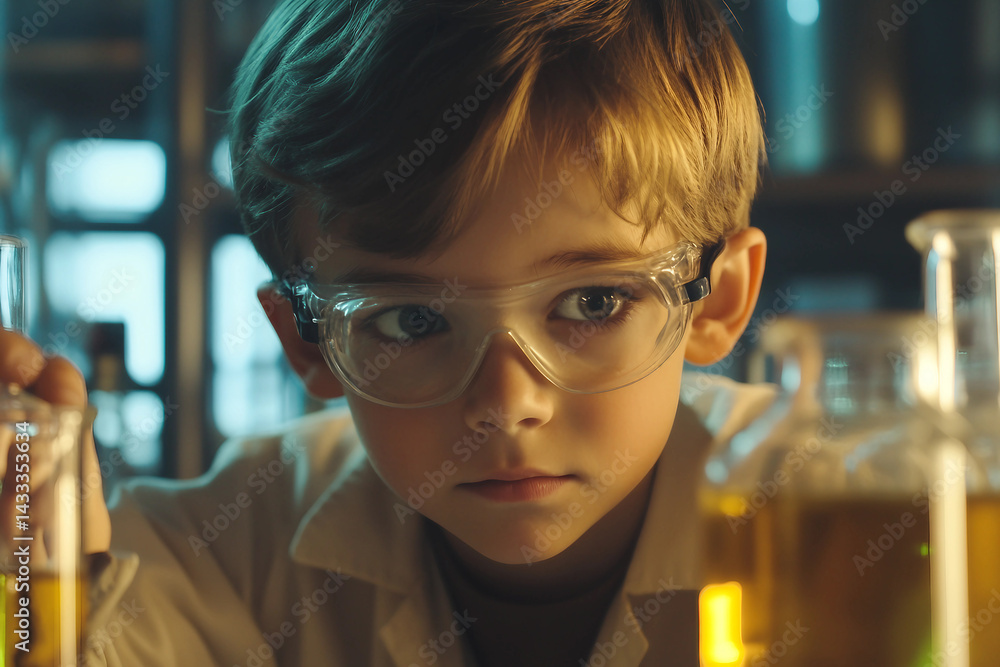 Aufkleber young scientist exploring chemistry in laboratory, making science experiment generative ai