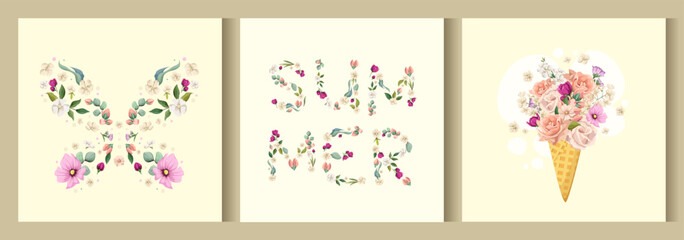 A set of delicate summer posters with flowers. Vector.