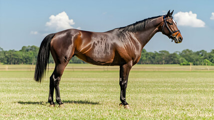 Obraz premium Side Profile of Brown Horse Standing in Green Field with Blue Sky and White Clouds on a Sunny Day