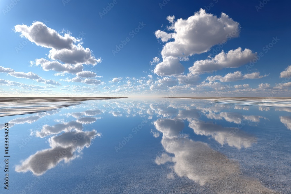 Poster serene reflections of a clear blue sky and fluffy white clouds on a calm water surface, creating a m