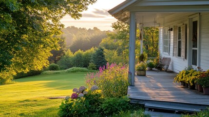 Obraz premium A charming old farmhouse porch overlooks a beautiful green landscape