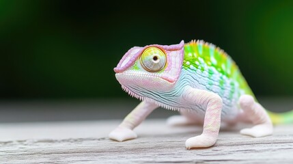 A close-up shot of a small, colorful chameleon with vibrant pink, blue, and green scales, resting on a light wooden surface with a blurred green background.