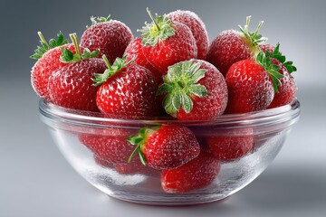 A bowl full of fresh, ripe strawberries covered in frost, creating a tantalizing visual texture and appealing to healthy eating enthusiasts and dessert lovers.