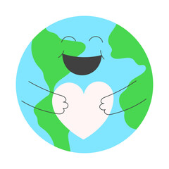 Smiling Earth Embracing a Heart. Earth Day Concept, Love and Care for the Planet. Flat Vector Illustration.