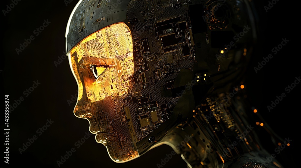 Poster futuristic robot head golden circuitry artificial intelligence technology digital art abstract desig