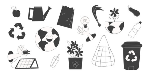 Black and White Eco Icons Set. Flat Vector Elements for Sustainable Living, Recycling, and Mindful Consumption.