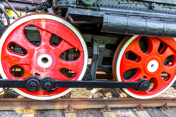 Wheels of vintage retro train trains steam locomotive locomotives Belarus.