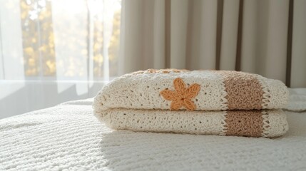 A beautifully folded handmade crochet blanket with a star appliqu&eacute; resting on a textured bedspread in a sunlit room.