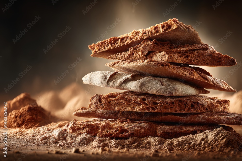 Poster a creatively arranged stack of artisan breads and loaves showing different types, set on a rustic fl