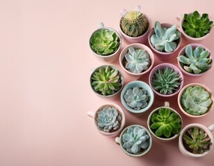 Many succulents in pastel tea cups on pale pink background and copy space. Generated image