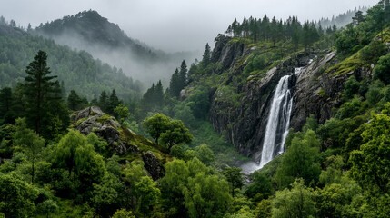 Fototapeta premium Misty mountain waterfall scene. Lush green valley