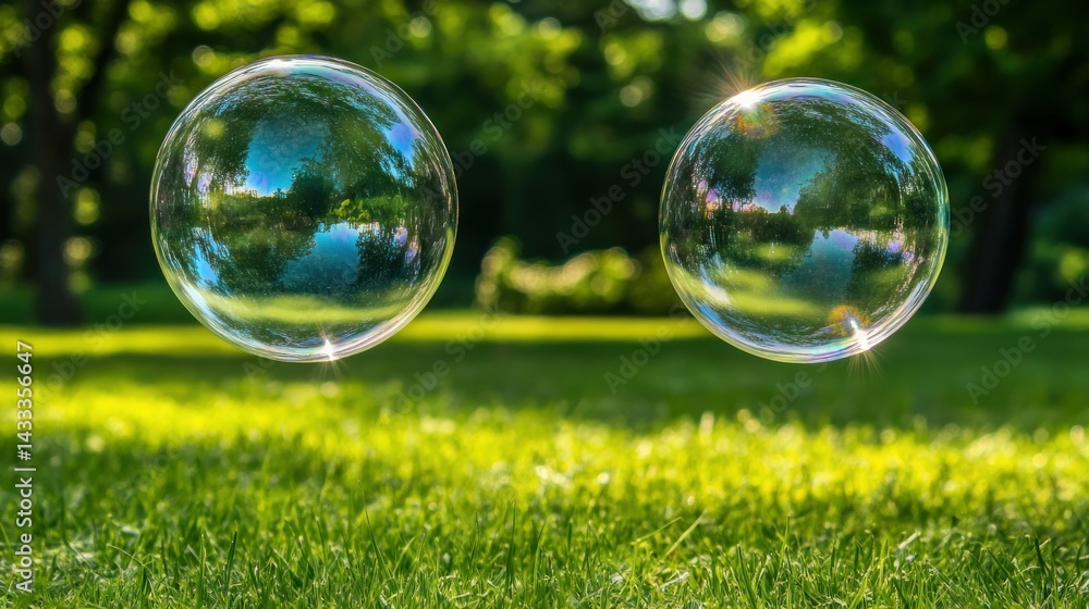 Poster two large spherical iridescent bubbles float above a grassy field