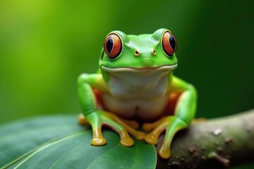 Green tree frog perched on white, vibrant skin, closeup, fauna, eyes