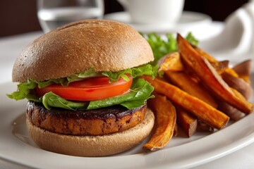 A delicious vegan burger with sweet potato fries served on a white plate, garnished with fresh lettuce and ripe tomato, showcasing a healthy meal option.
