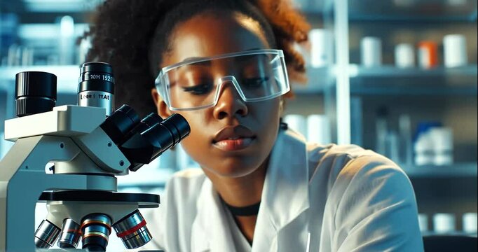 Young scientist examines samples under microscope in laboratory setting