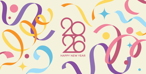 Creative Design to 2026 Happy New Year Celebration Concept, Banner with a Variety of colorful confetti and 2026 Logo text design