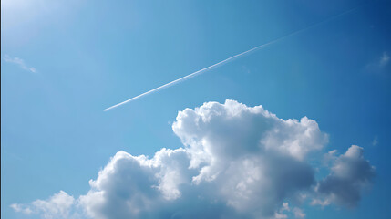 A blue sky with a cloud and a jet plane
