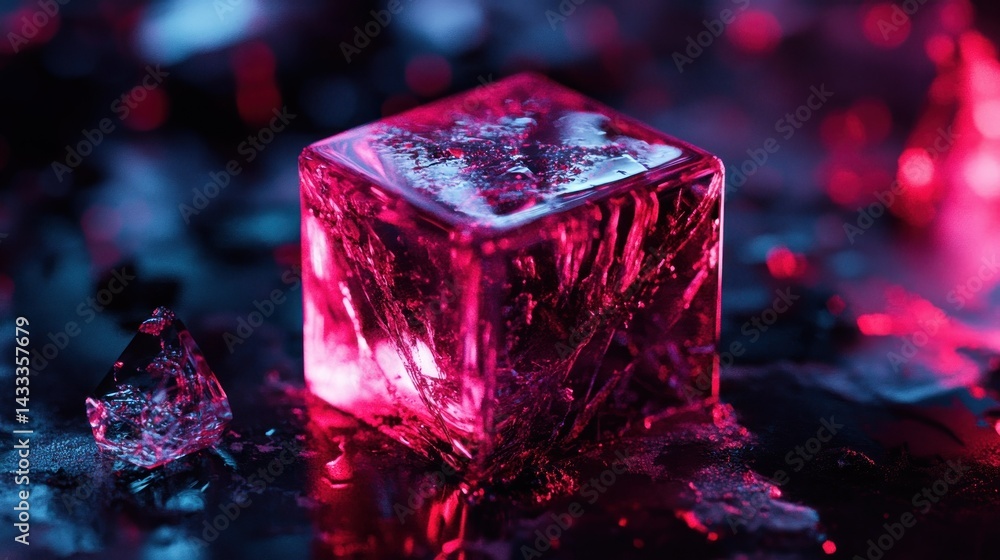 Poster a glowing translucent cube with a broken crystal fragment
