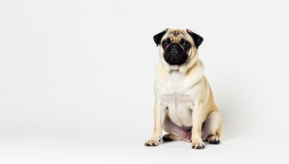 Obraz premium Adorable pug dog sits alone, white background, white background, pet portrait, dog