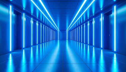 A futuristic blue light tunnel creates a clean and long abstract passage with a way of light