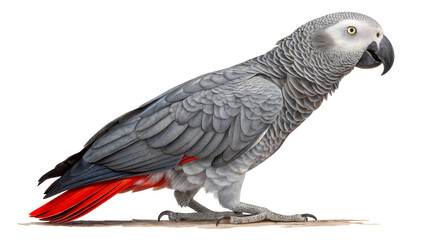 Fototapeta premium Majestic Parrot: A stunning grey parrot with vibrant red tail feathers, showcasing the beauty and intelligence of this tropical bird, standing gracefully.