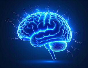 Glowing Blue Human Brain with Electric Sparks - Futuristic Technology, Artificial Intelligence, and Neuroscience Concept 