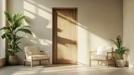 Fototapeta premium Room features two armchairs, wooden door, potted plants, enjoying natural light, beige wall creating tranquil space.
