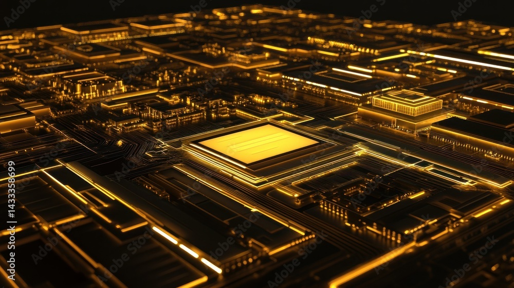 Poster a close up depiction of a glowing computer circuit board