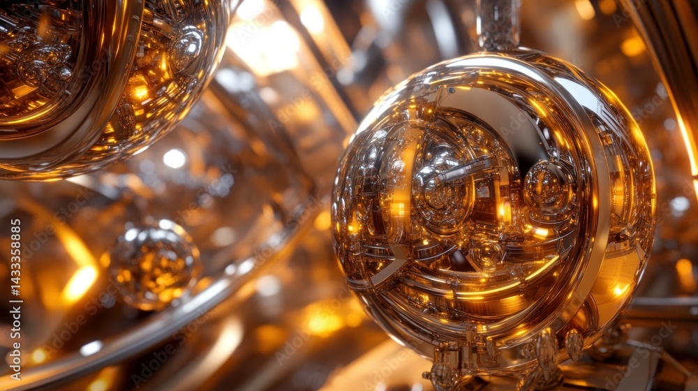 Poster close up view of polished metallic spherical complex structure