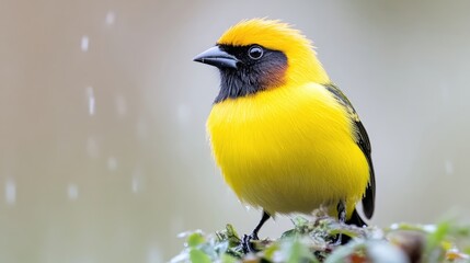 Obraz premium A vibrant yellow bird perched on a green plant, close-up shot with raindrops in the background, and showcasing natures beauty and tranquility.