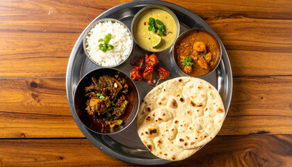 Authentic Indian Thali with Basmati Rice, Naan, Assorted Vegetable Curries, Dal, Raita, and Traditional Side Dishes - Vibrant and Delicious Indian Cuisine on Wooden Table Background