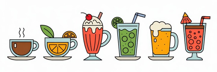 Various refreshing beverages in colorful illustrations