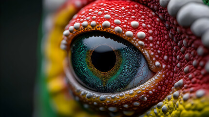 Close Up View Of A Chameleon Eye Showing Red Orange And Green Colors With Textured Surface And A Dark Background