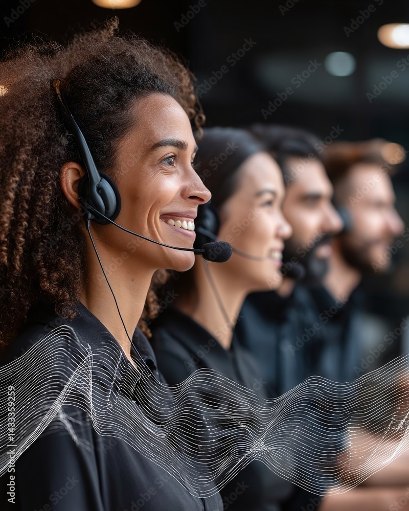 Poster group of diverse customer service representatives engaged in a call center environment, smiling and 
