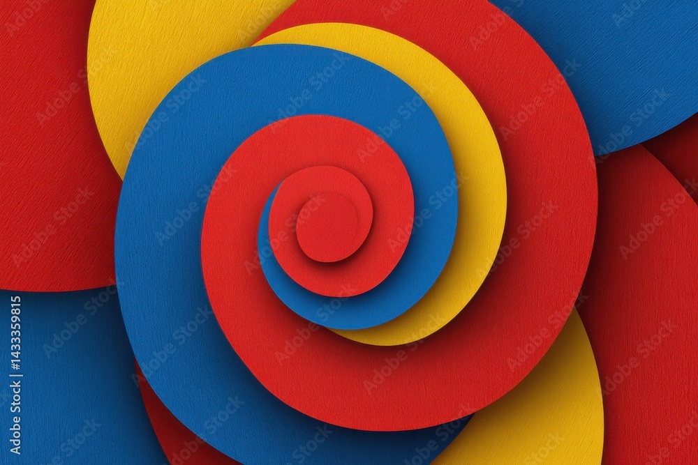 Poster abstract colorful spiral pattern with textured paper effect in red, yellow and blue hues, creating a
