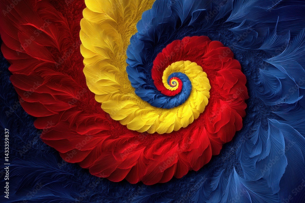 Poster an abstract colorful spiral design featuring red, yellow, and blue hues with intricate feather-like 