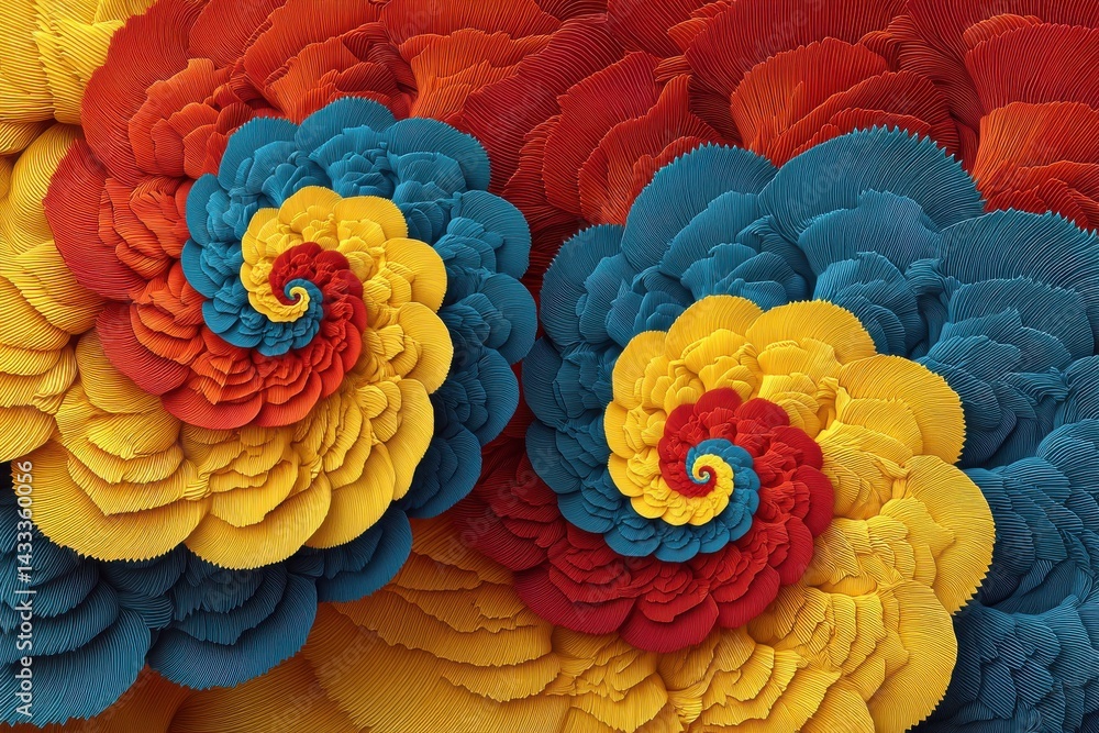 Poster abstract floral background with swirling patterns and vibrant colors of red, blue, and yellow, creat