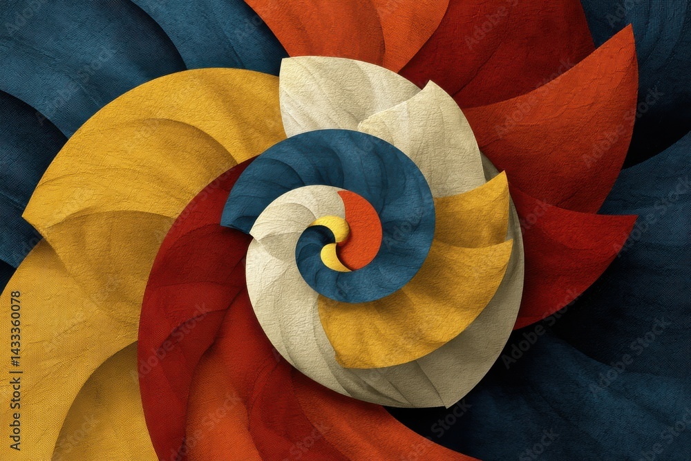 Poster a vibrant and abstract geometric spiral design with multiple colors forming a textured and swirling 
