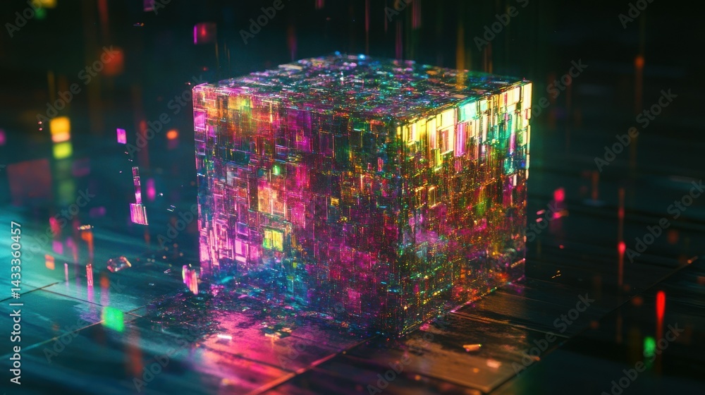 Poster A colorful geometric cube appears with shimmering multi colored surfaces