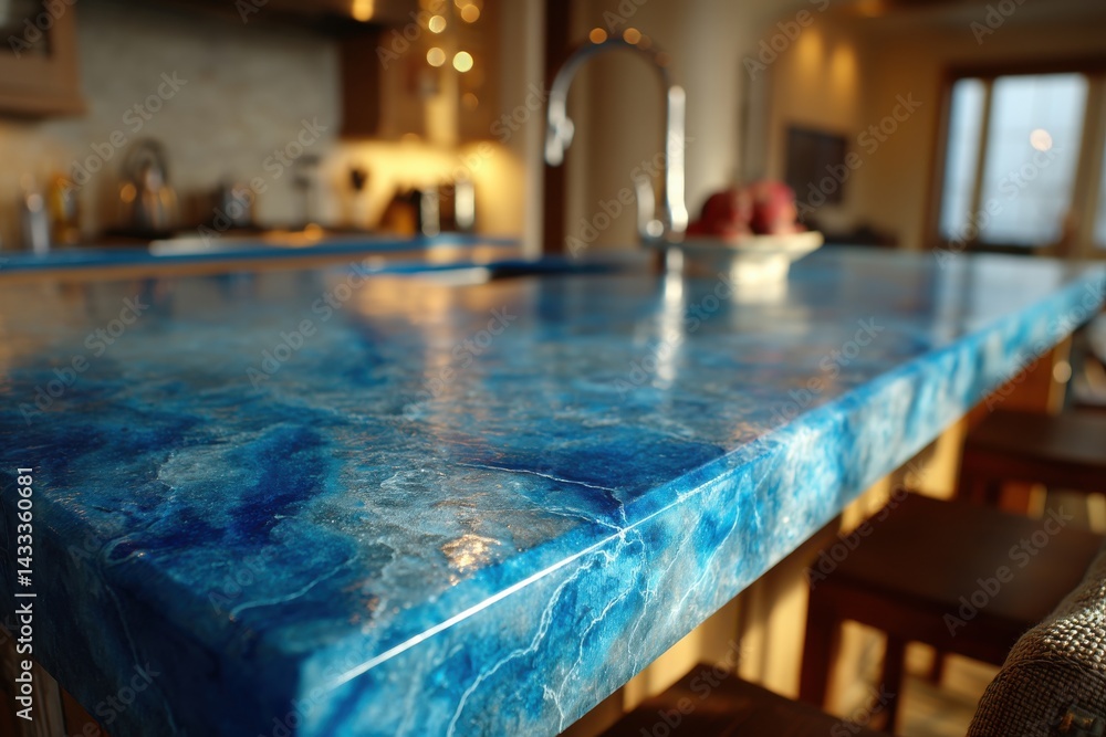 Poster an artistic and unique countertop with a swirling blue and white pattern, creating a visually striki