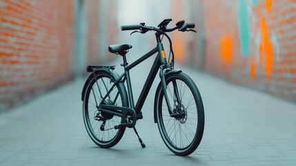 Modern Electric Bicycle Parked on Urban Sidewalk Surrounded by Brick Walls in a City Alleyway