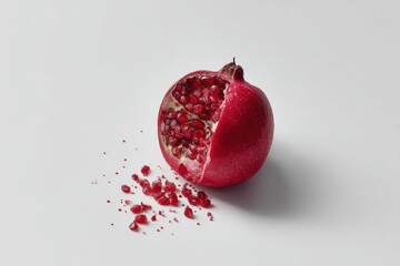 A vibrant half-cut pomegranate with juicy seeds, elegantly displayed on a clean, white surface, showcasing its freshness and inviting taste and vibrant color.