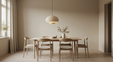 Dining Table with Chairs Arranged Neatly in Minimalist Interior with Natural Light